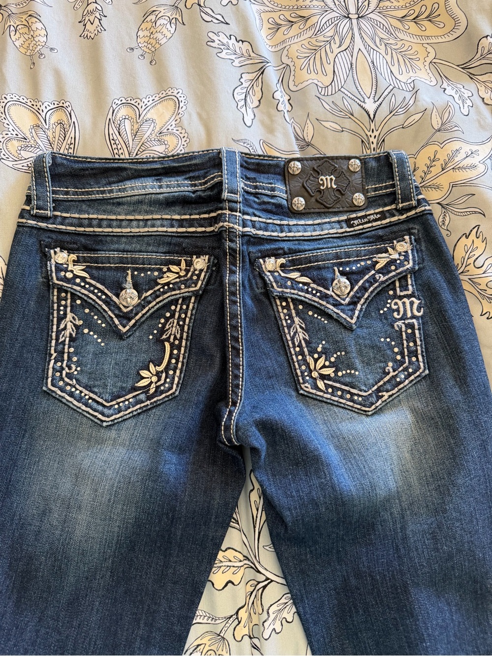 Miss Me Dark Blue Boot Cut Jeans with Embroidered Rhinestone Pockets
